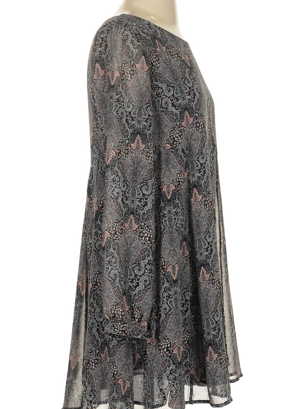 ASTR Anthro Paisley Lacey Pattern Mini Dress in Gray & Pink with Sheer Sleeves - Picture 6 of 9